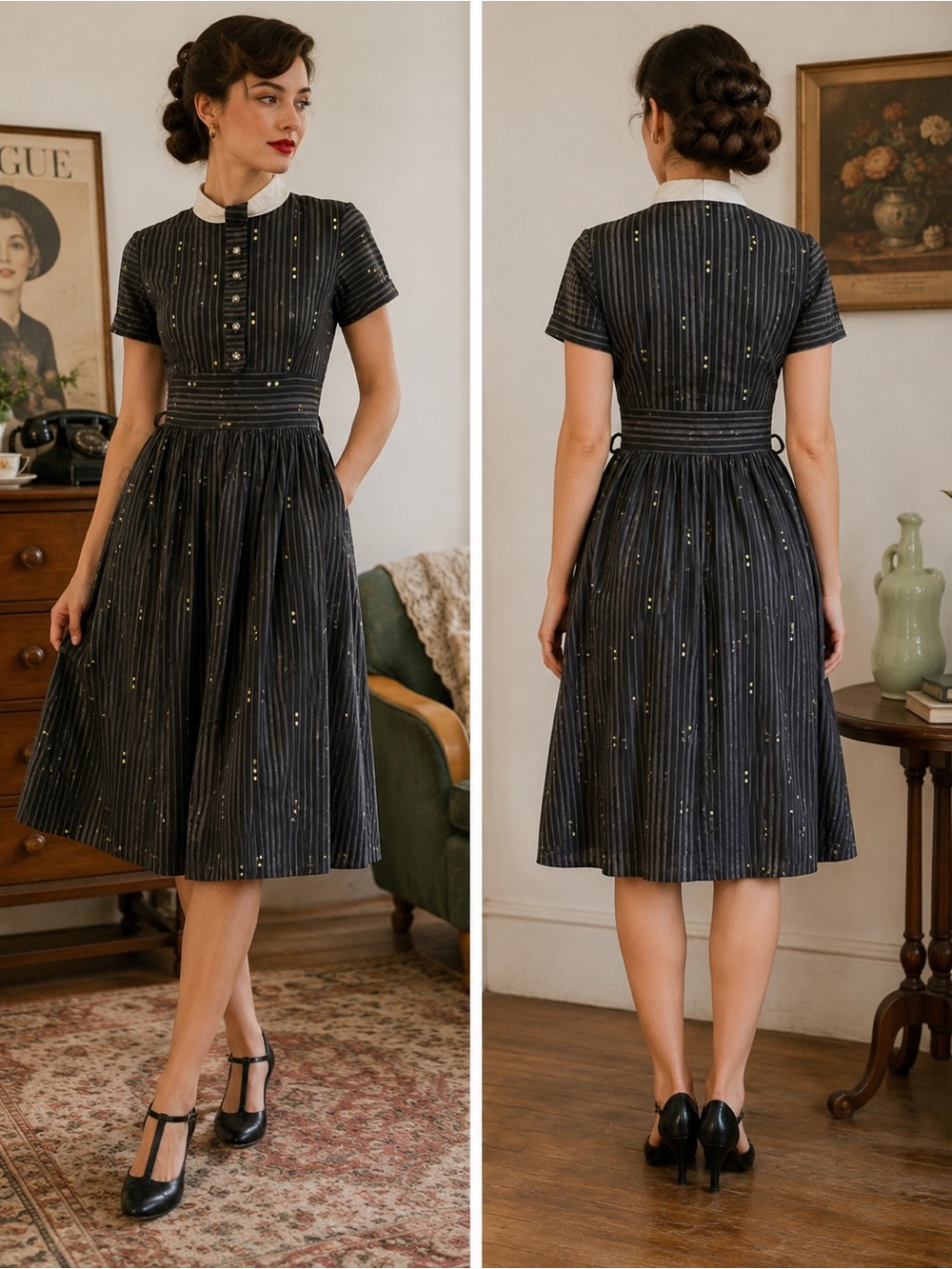 Vintage 1940s 50s Polka Dot Striped Dress White Collar XXS Petite